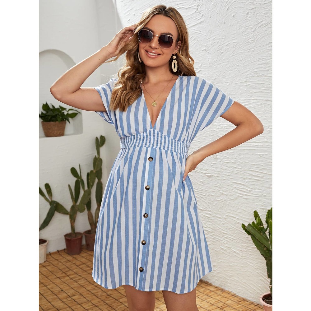 Maternity Striped Plunging Shirred Waist Button Fly Dress